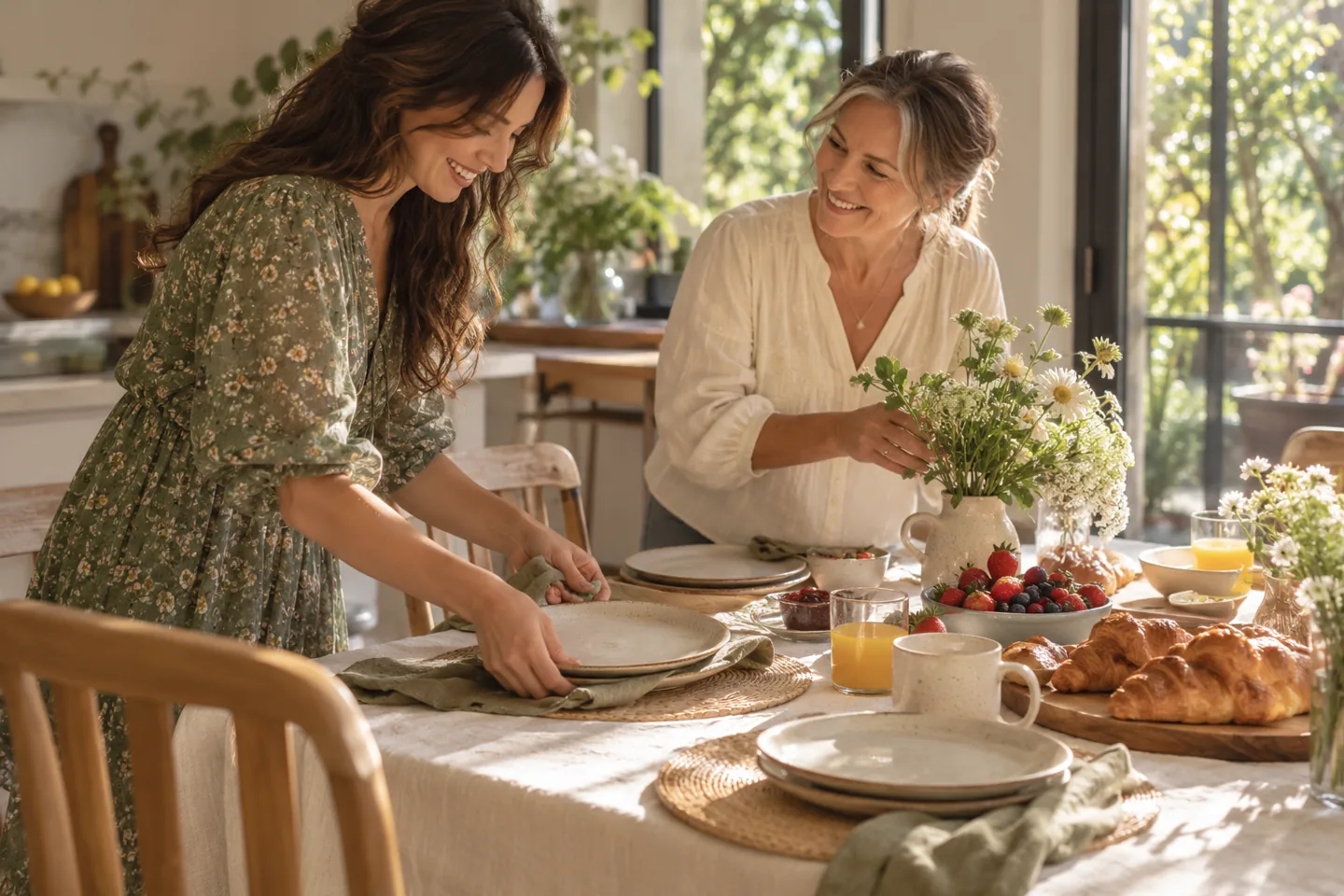 A mother and adult daughter preparing a brunch table together