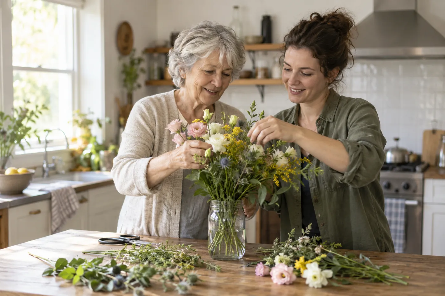 Grandmother and adult grandchild arranging flowers together