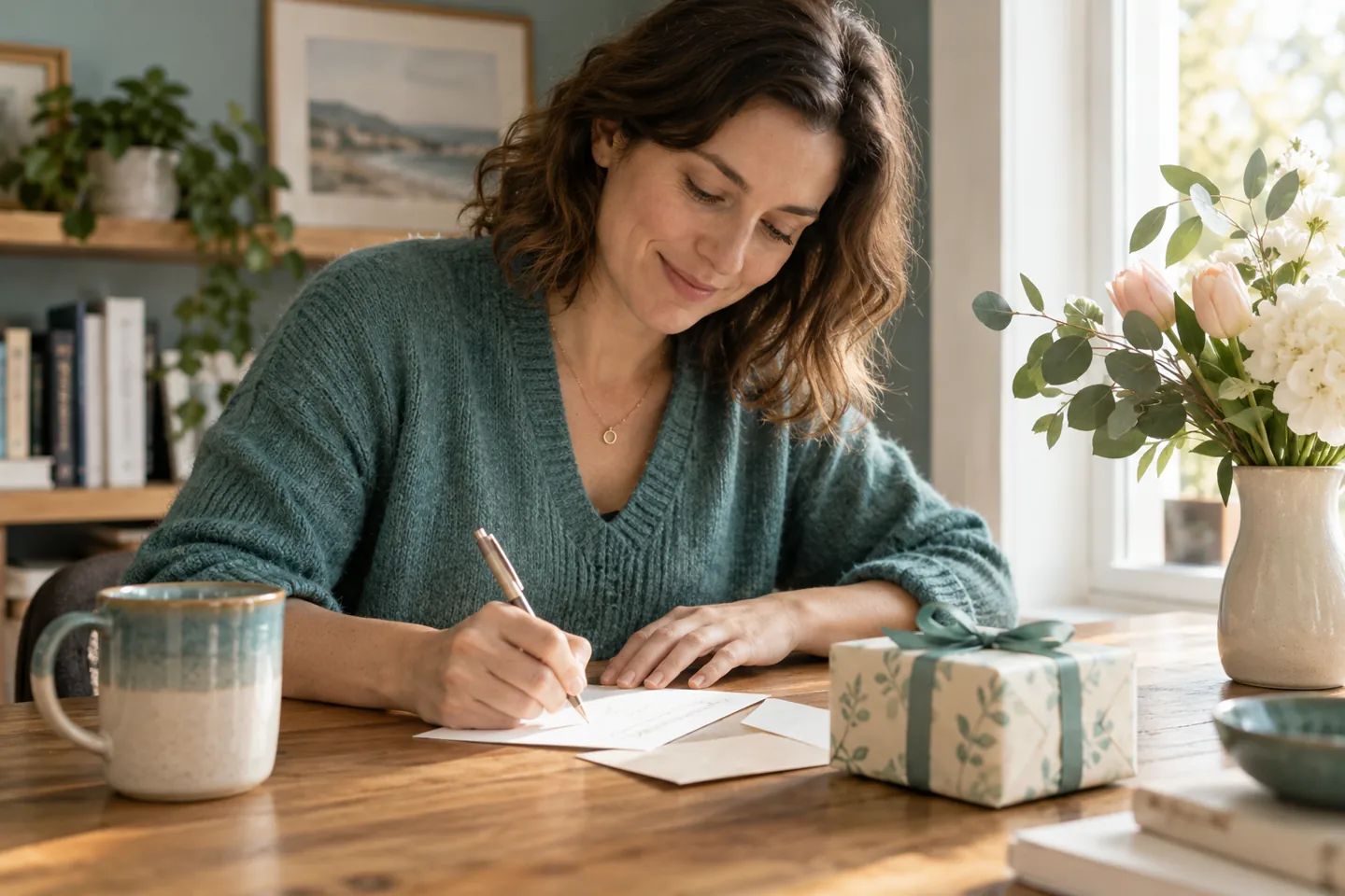 A handwritten note beside a wrapped gift on a wooden desk
