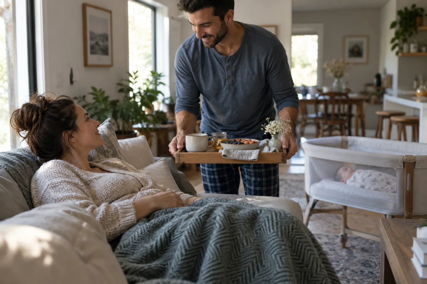 A new parent receiving breakfast while a baby sleeps nearby